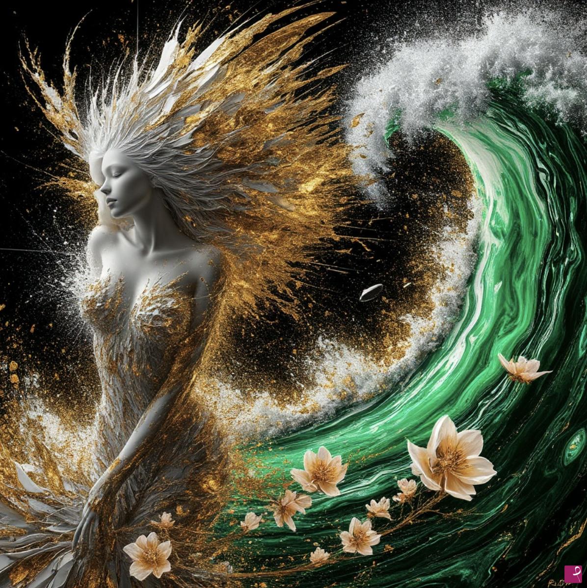 quadri in vendita online - Gold girl and sea waves 2