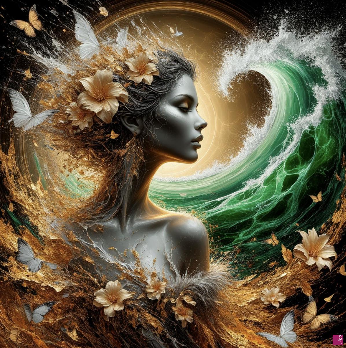 quadri in vendita online - Gold girl and sea waves 
