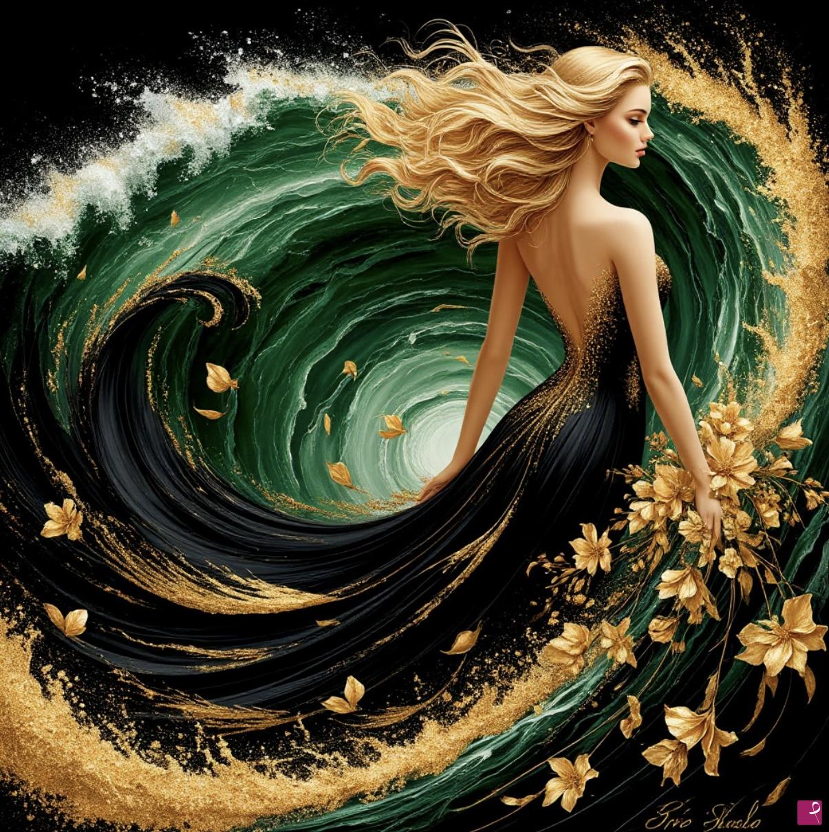 quadri in vendita online - Gold Lady in tornado waves 