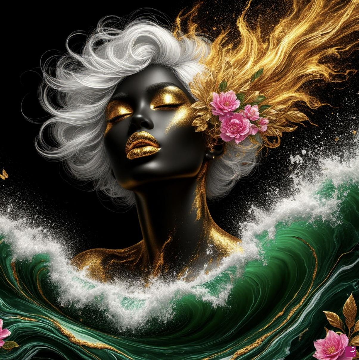 quadri in vendita online - Gold woman in sea waves 2