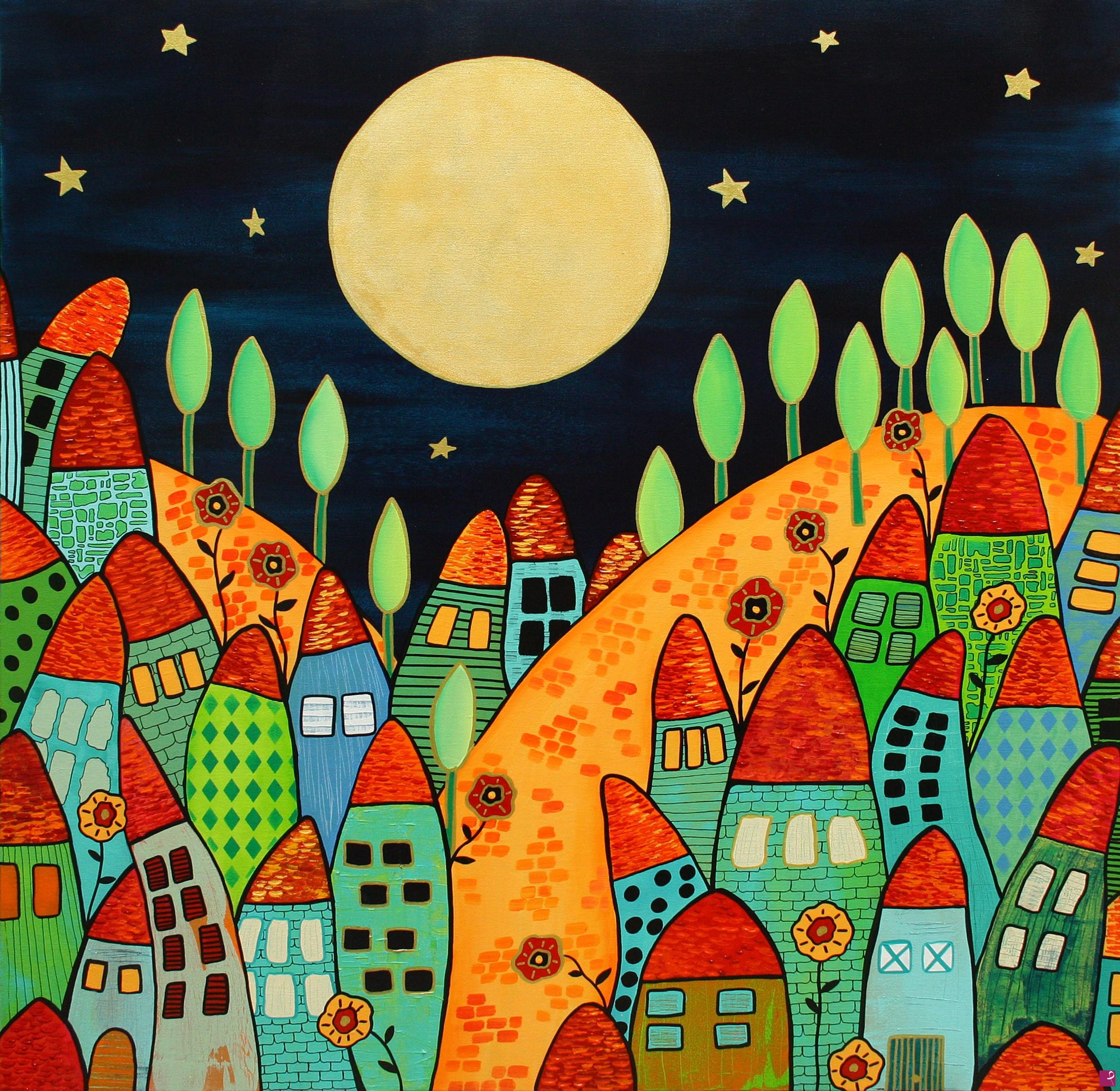 quadri in vendita online - Golden moon over the countryside 