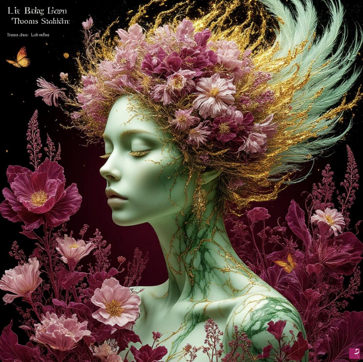 quadri in vendita online - Green marble girl and flowers 