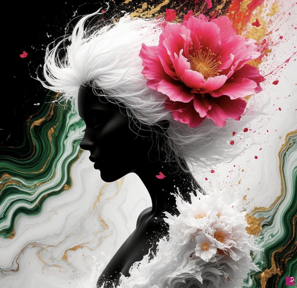 quadri in vendita online - Green marble, girl big flower in head 
