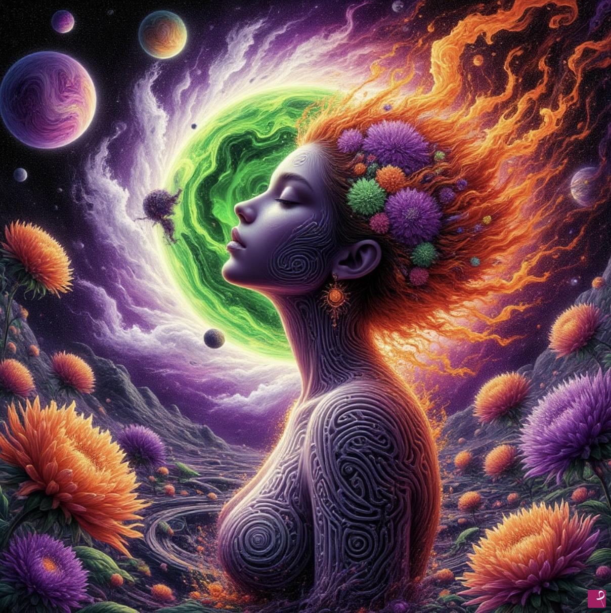 quadri in vendita online - Green Sun, woman, flowers 