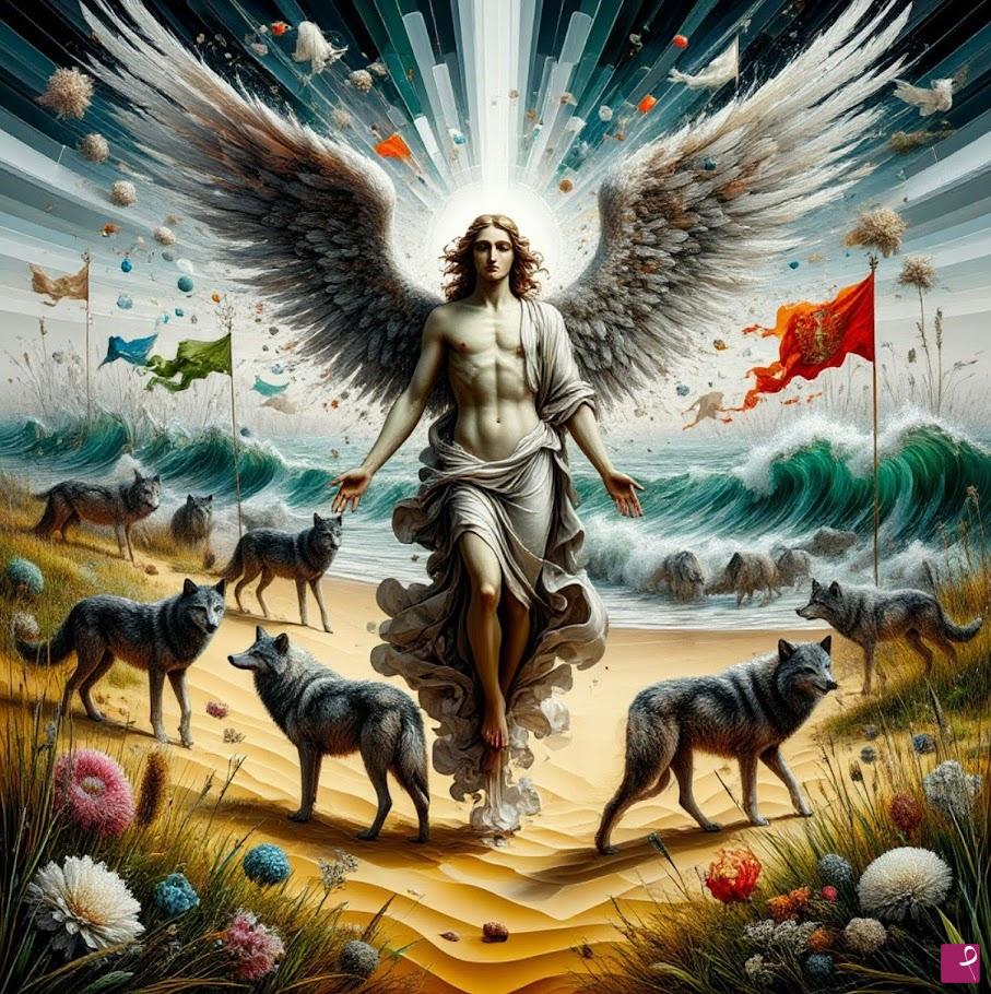 quadri in vendita online - Guardian angel and wolves