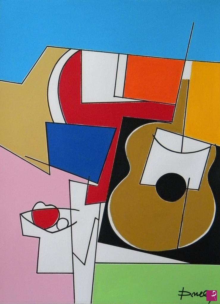 quadri in vendita online - Guitar and jar with fruits