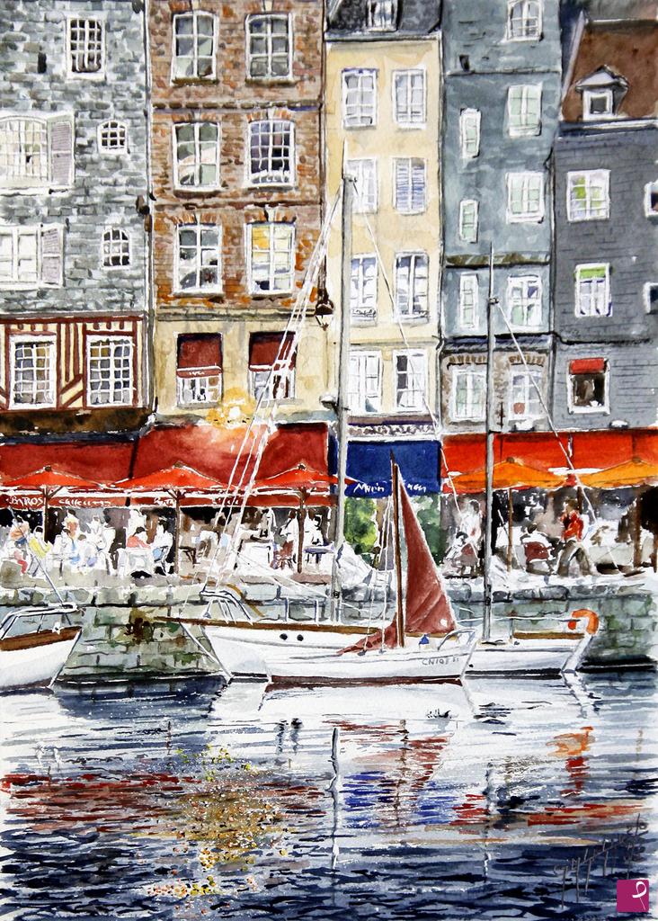 quadri in vendita online - Honfleur - L'Albatros e Marin Normand Au lungo Quai Sainte-Catherine