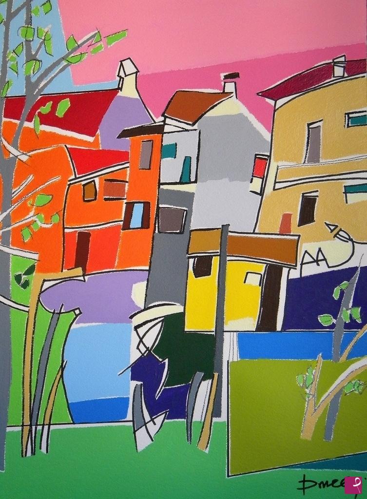quadri in vendita online - Houses near the river