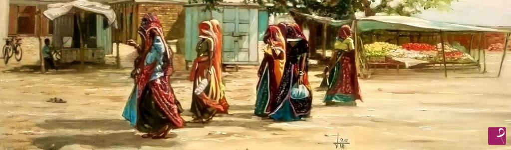 quadri in vendita online - I colori dell' India: donne velate "on the road"