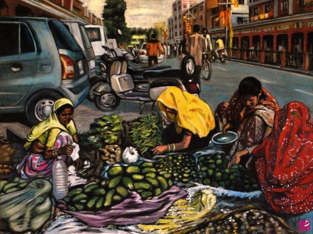 quadri in vendita online - i colori dell'India. Jaipur: donne al mercato