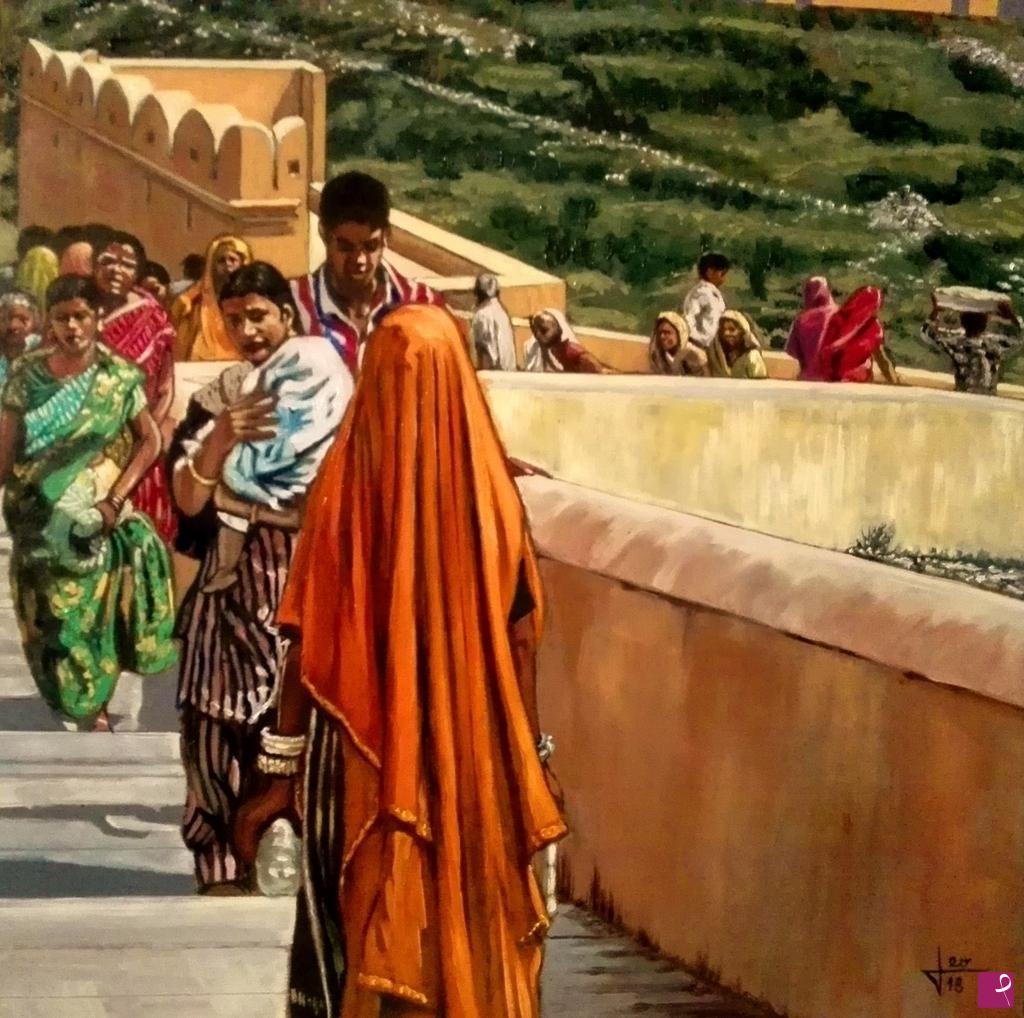 quadri in vendita online - I colori dell'India: salita all'Amber Fort di Jaipur