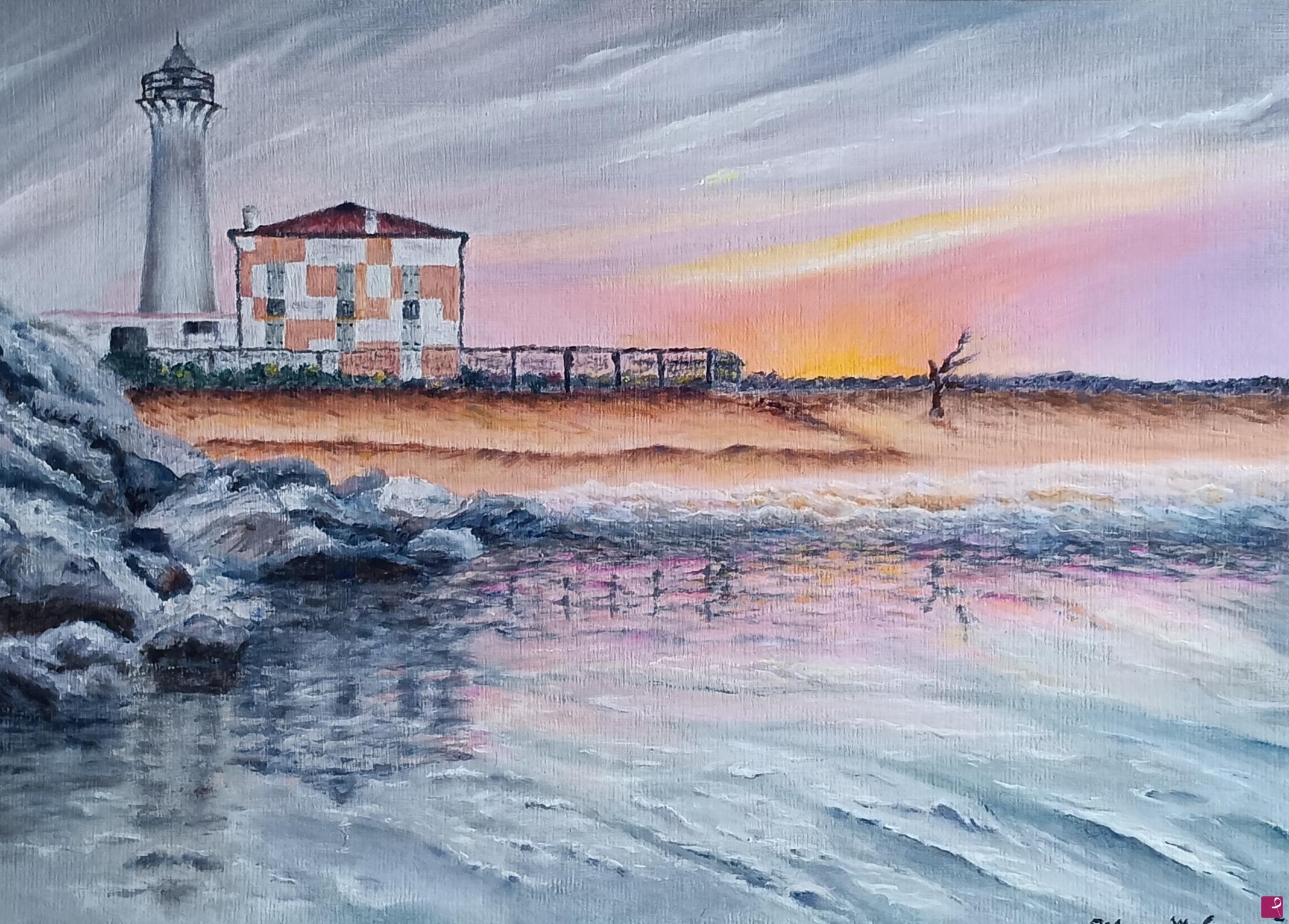 quadri in vendita online - Il faro di Bibione. L'alba