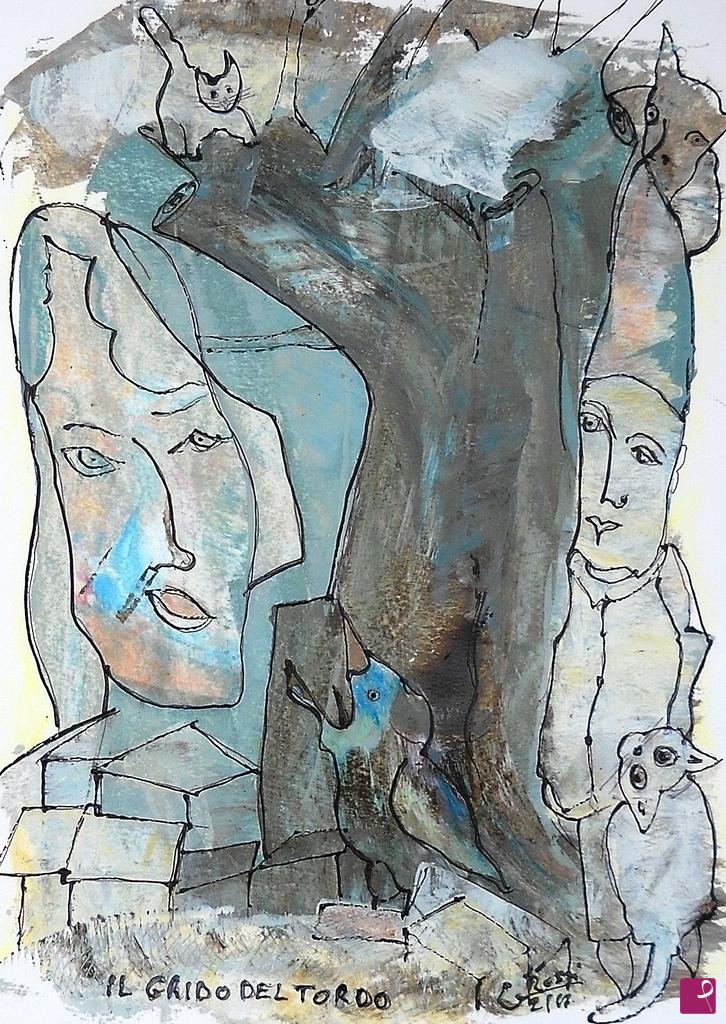 quadri in vendita online - " Il grido del tordo" 33x24 cm tecnica mista su carta.Pezzo unico.