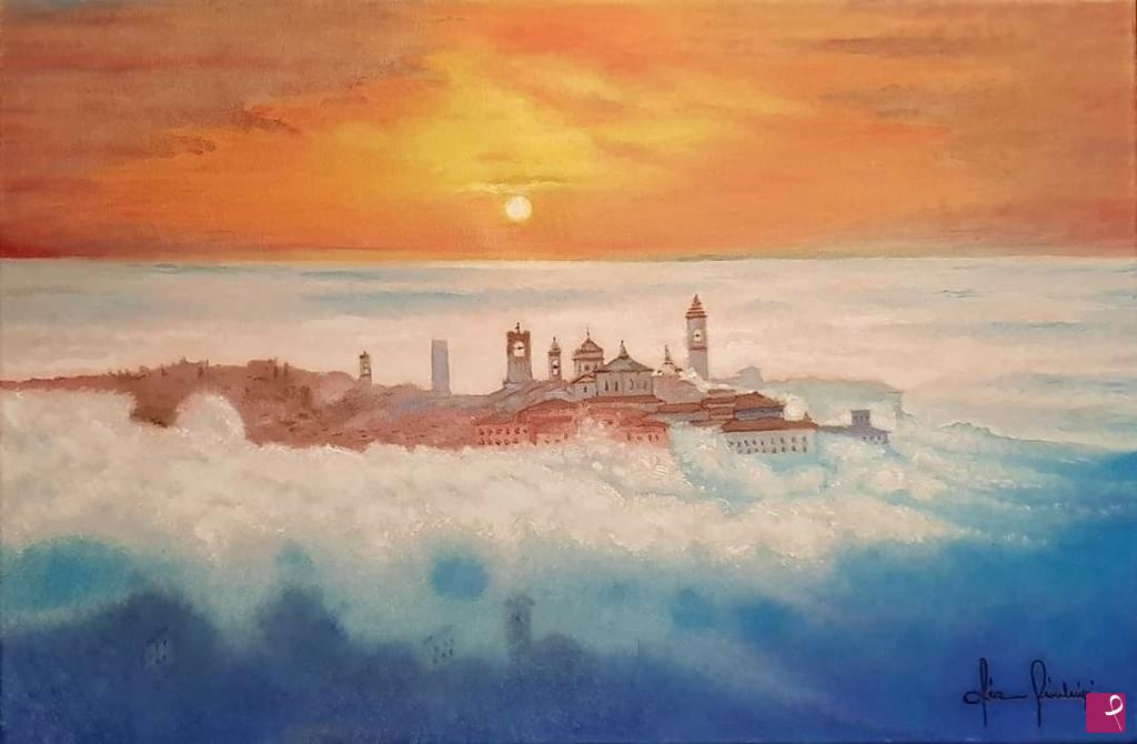 quadri in vendita online - il mio disegno di Città Alta di Bergamo, ispirato alla fotografia di Pio Rota.