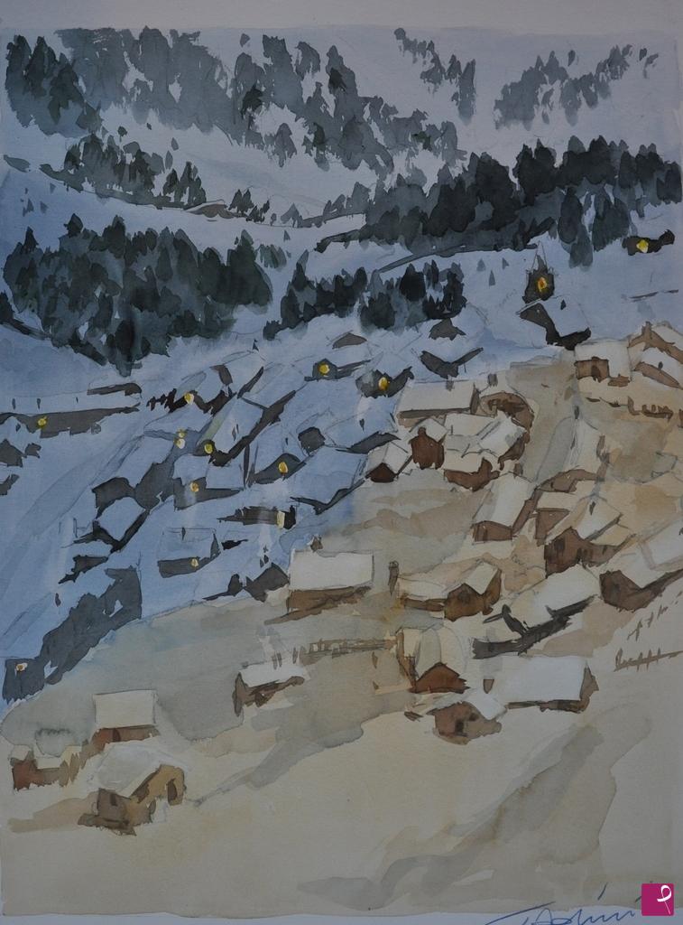 quadri in vendita online - il paesino nella neve