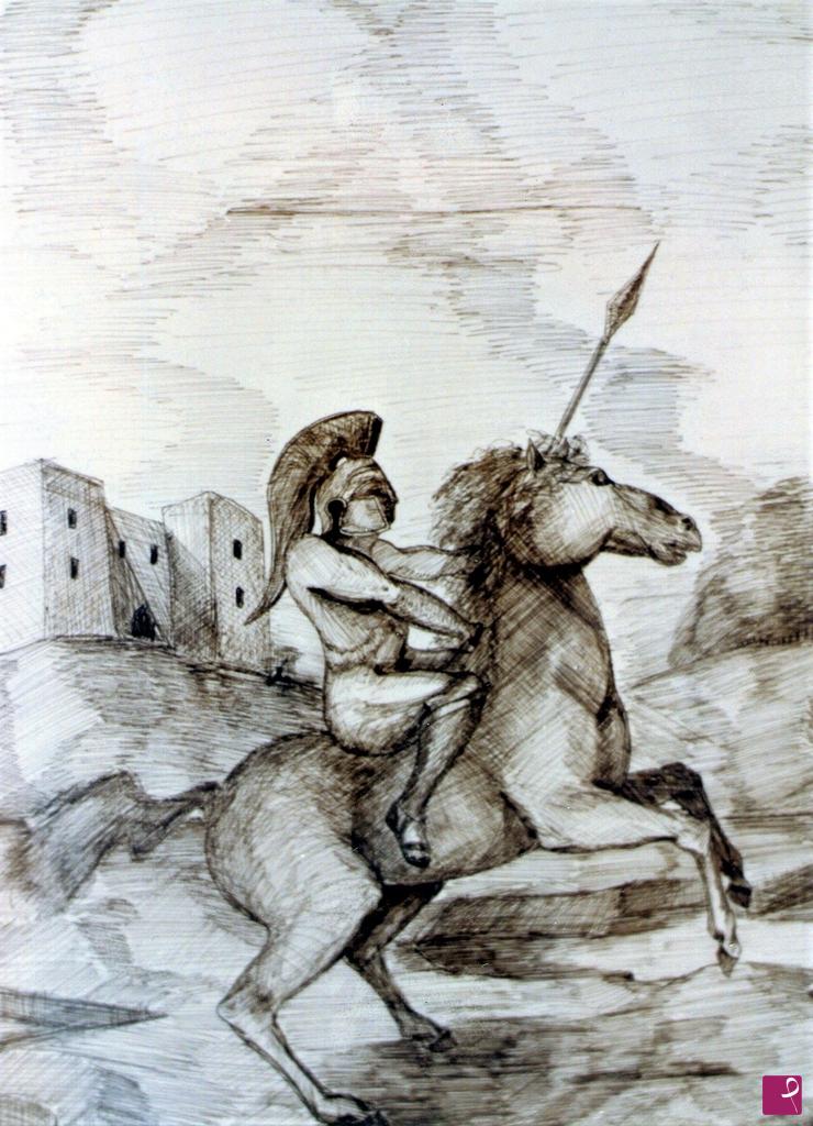 quadri in vendita online - Il Pelide Achille, a cavallo, a Troia.