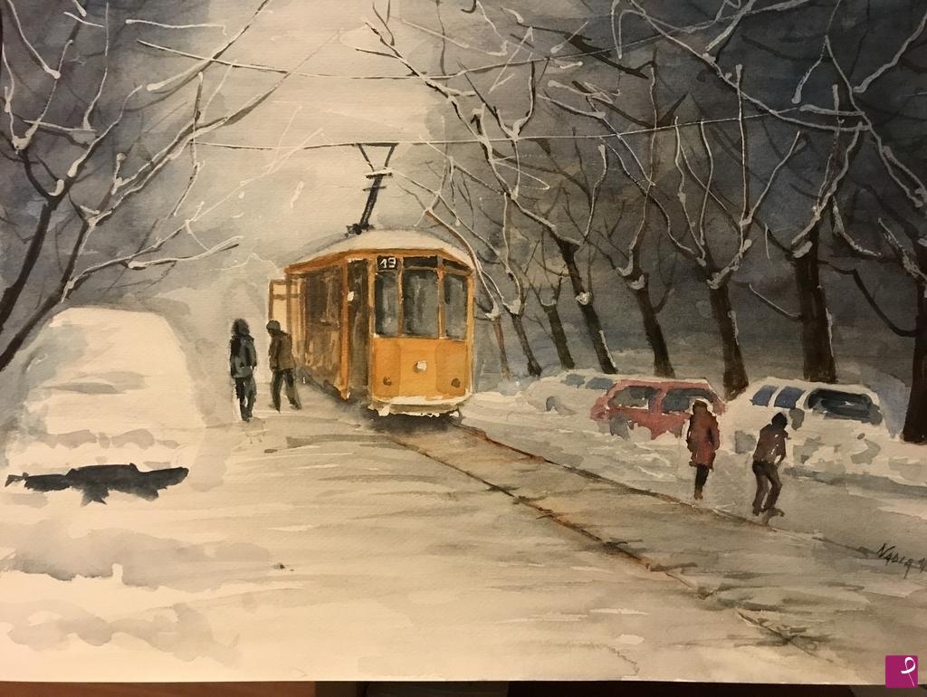 quadri in vendita online - Il tram nella neve