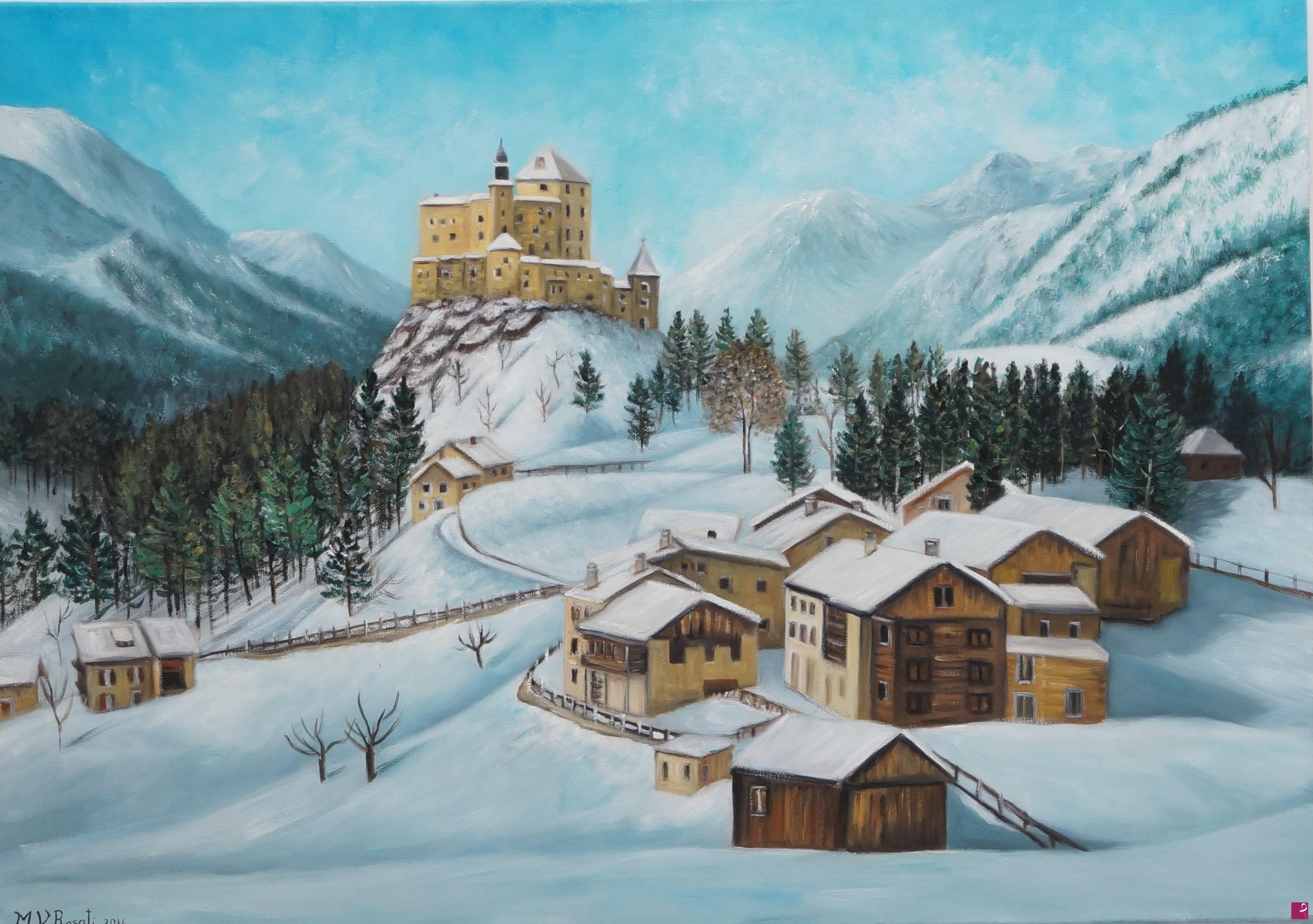 quadri in vendita online - IL VILLAGGIO E IL CASTELLO DI TARASP, SVIZZERA