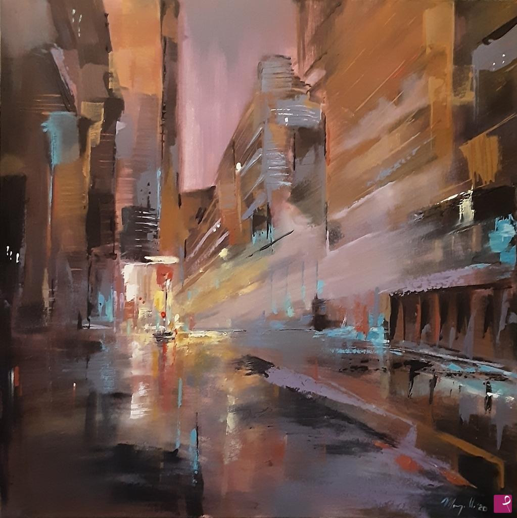 quadri in vendita online - Impressioni cittadine,riflessi di luci all imbrunire