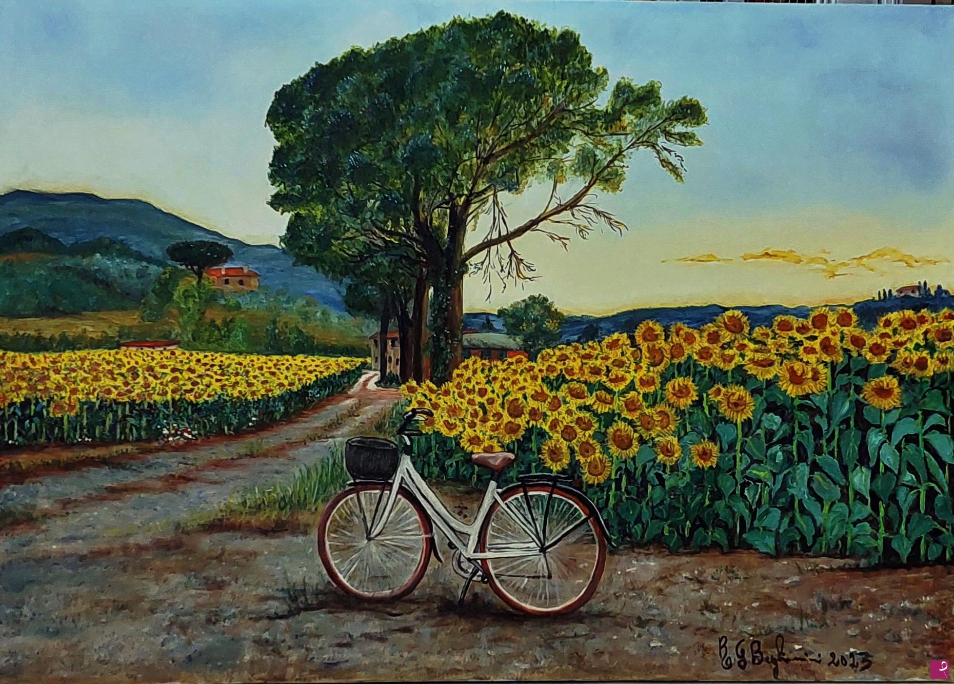 quadri in vendita online - IN BICI IN CAMPAGNA  AL TRAMONTO