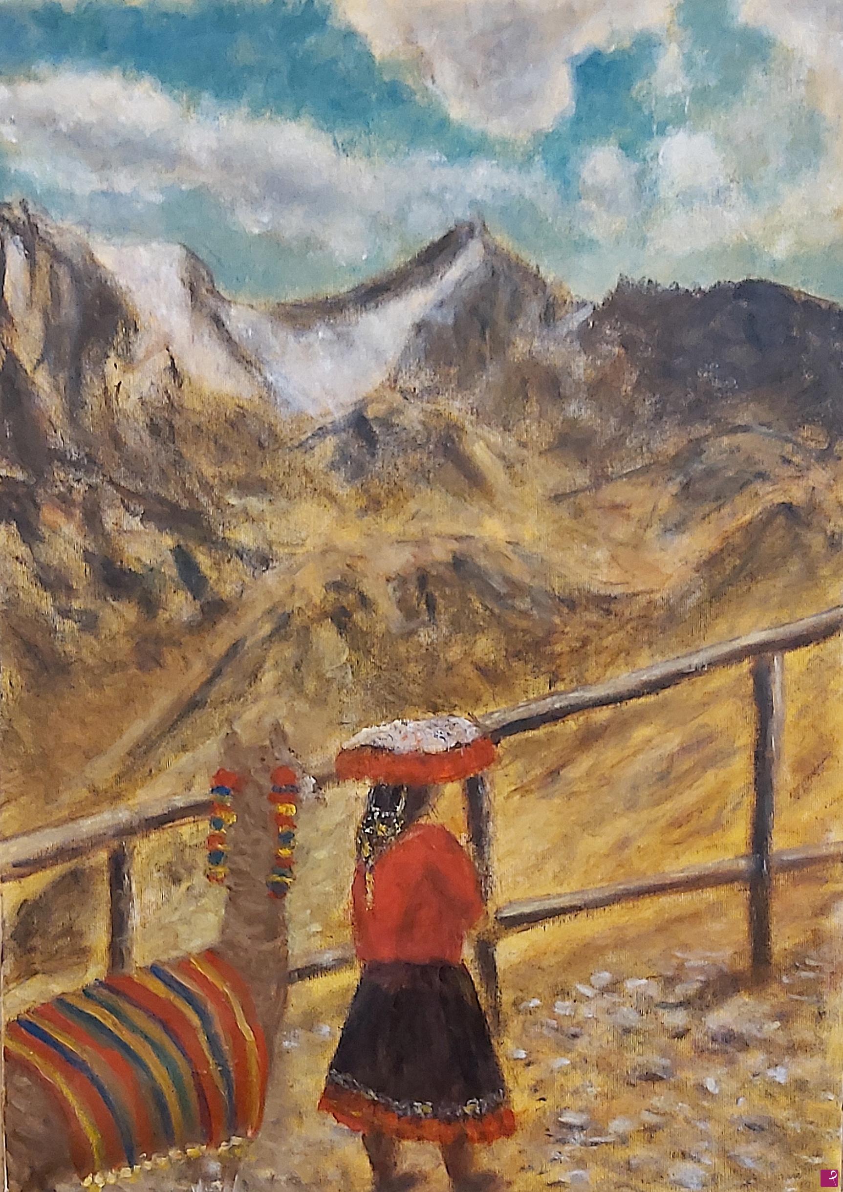 quadri in vendita online - In cammino sulle Ande ("Niña y llama en los Andes") - Rif. LG-136-PE/OT50X70-V/2021