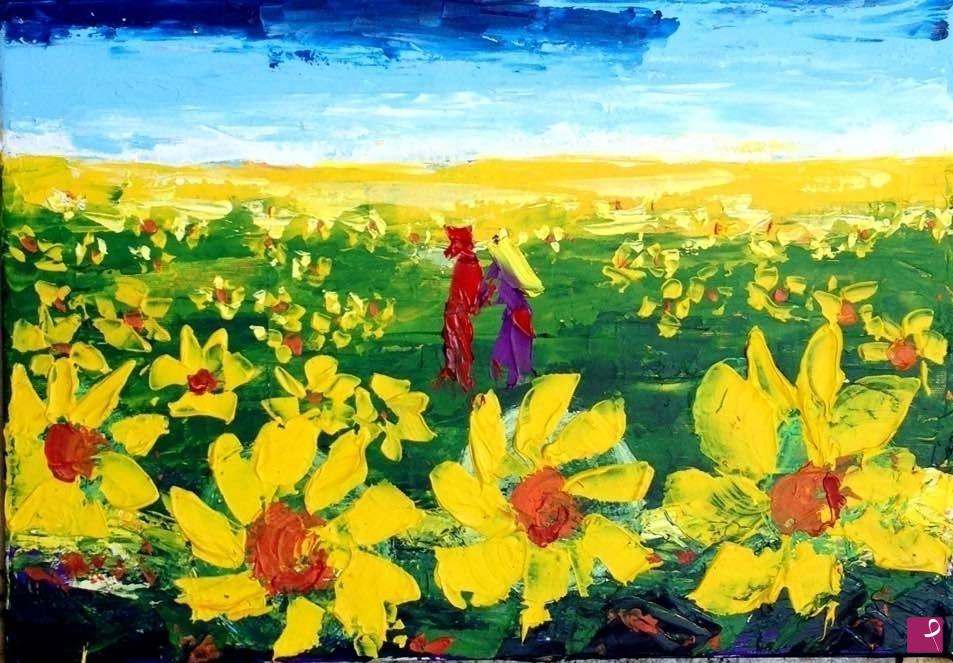 quadri in vendita online - Incontro tra i girasole. 