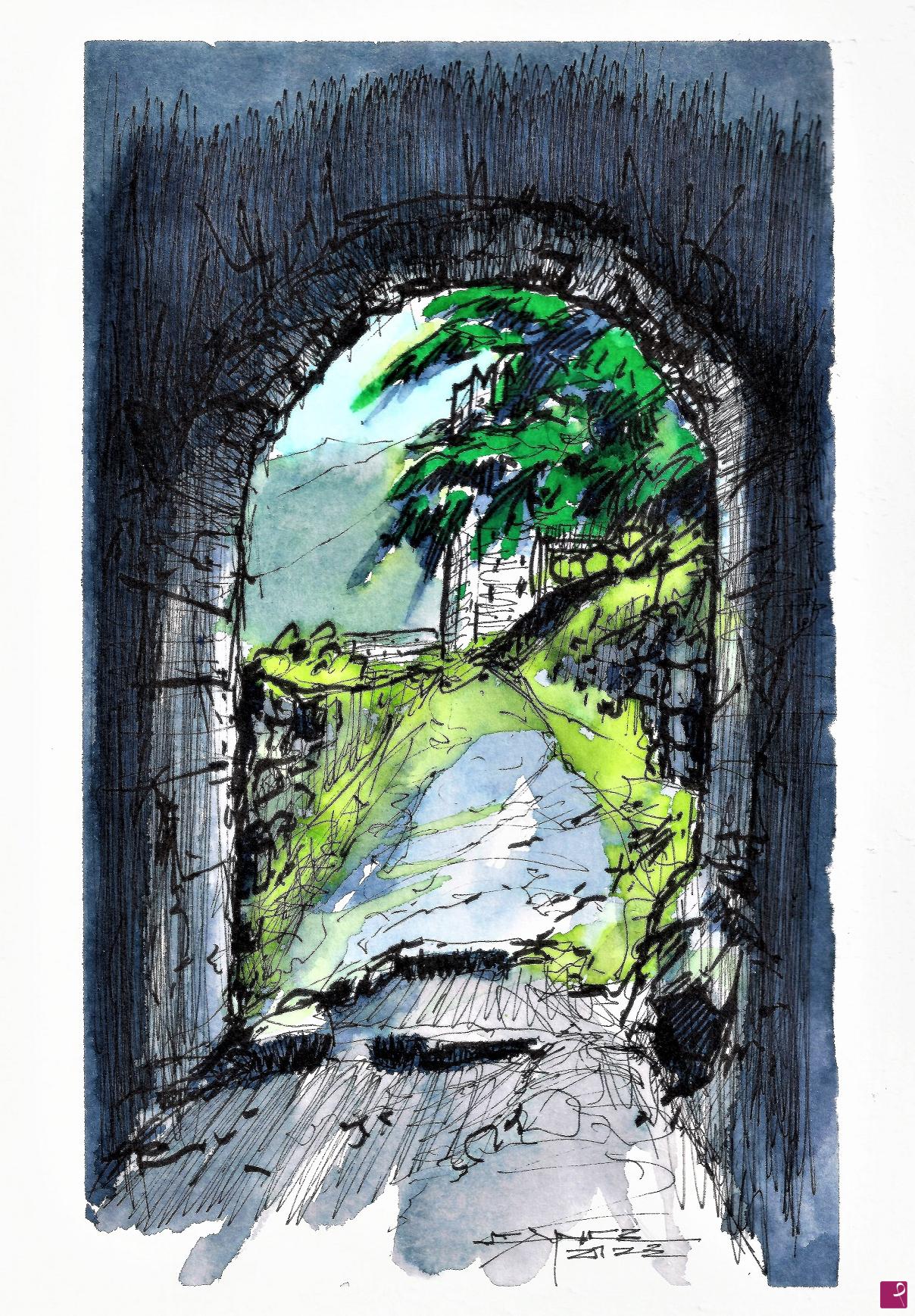 quadri in vendita online - Ingresso alle mura del castello di Breno (BS), Italia.