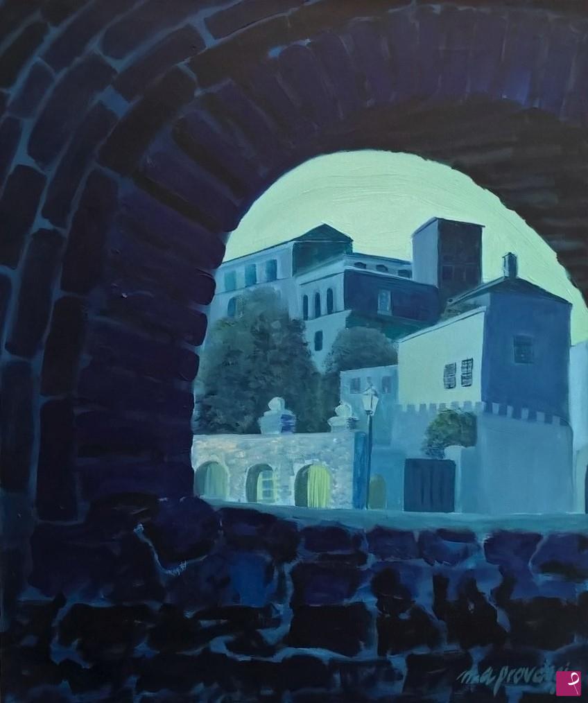 quadri in vendita online - insolite visioni (il castello di Loano attraverso un arco del ponte romano)