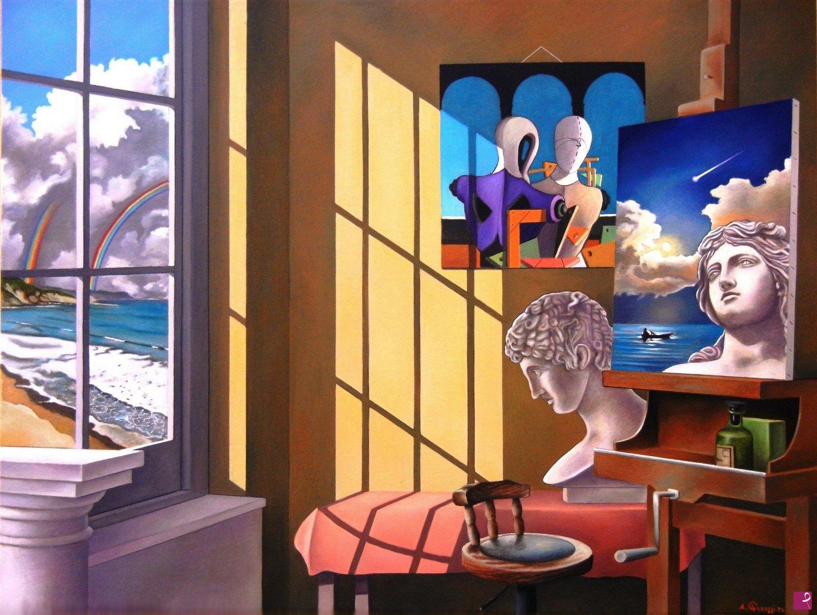 quadri in vendita online - Interno  metafisico con busto di Hermes