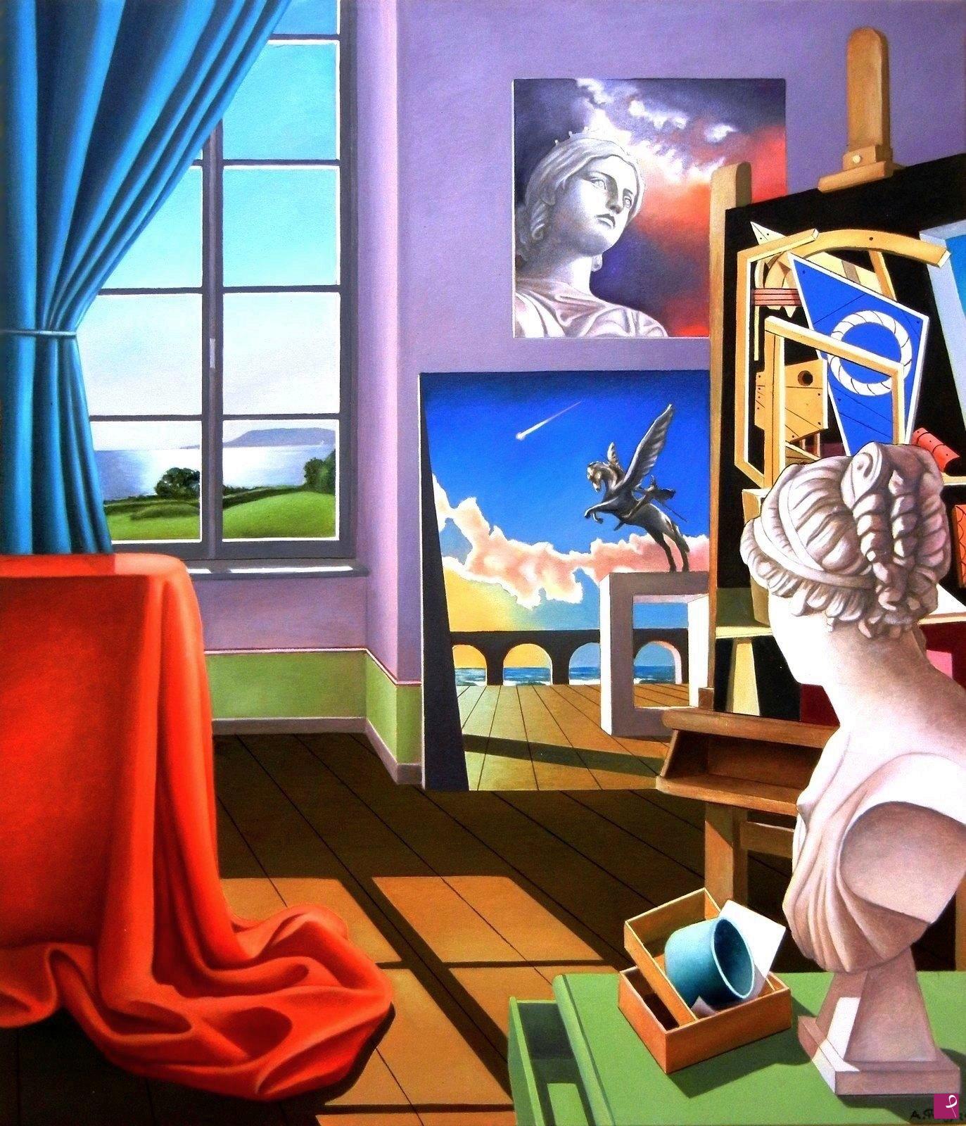 quadri in vendita online - Interno metafisico con cavallo alato