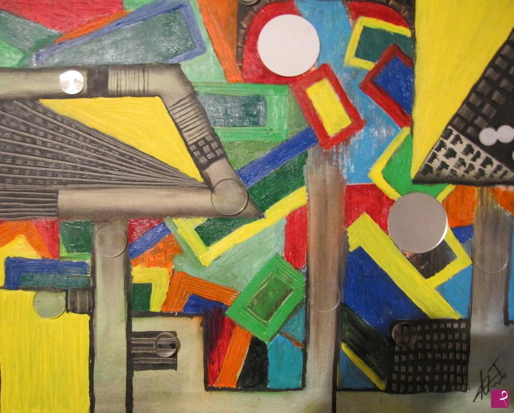 quadri in vendita online - INVITATO ALLA BIENNALE BARCELLONA E ROMA ----milano quartiere visto dall'alto sino profondita parcheggi e caos ....un secondo vista dall'alto palazzina intorno marciapiede strade color giallo tetti--
