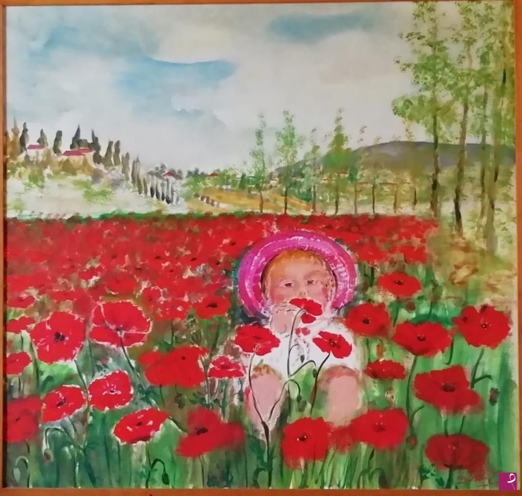 quadri in vendita online - Irene in un campo di papaveri estate 1985