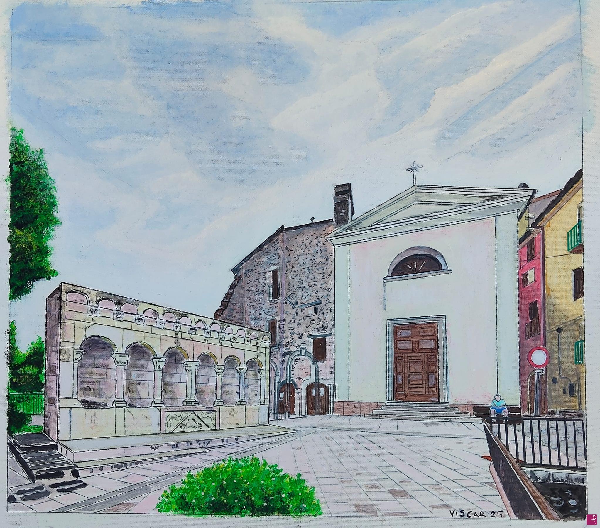 quadri in vendita online - Isernia. La Fontana Fraterna e la Chiesa della Immacolata Concezione