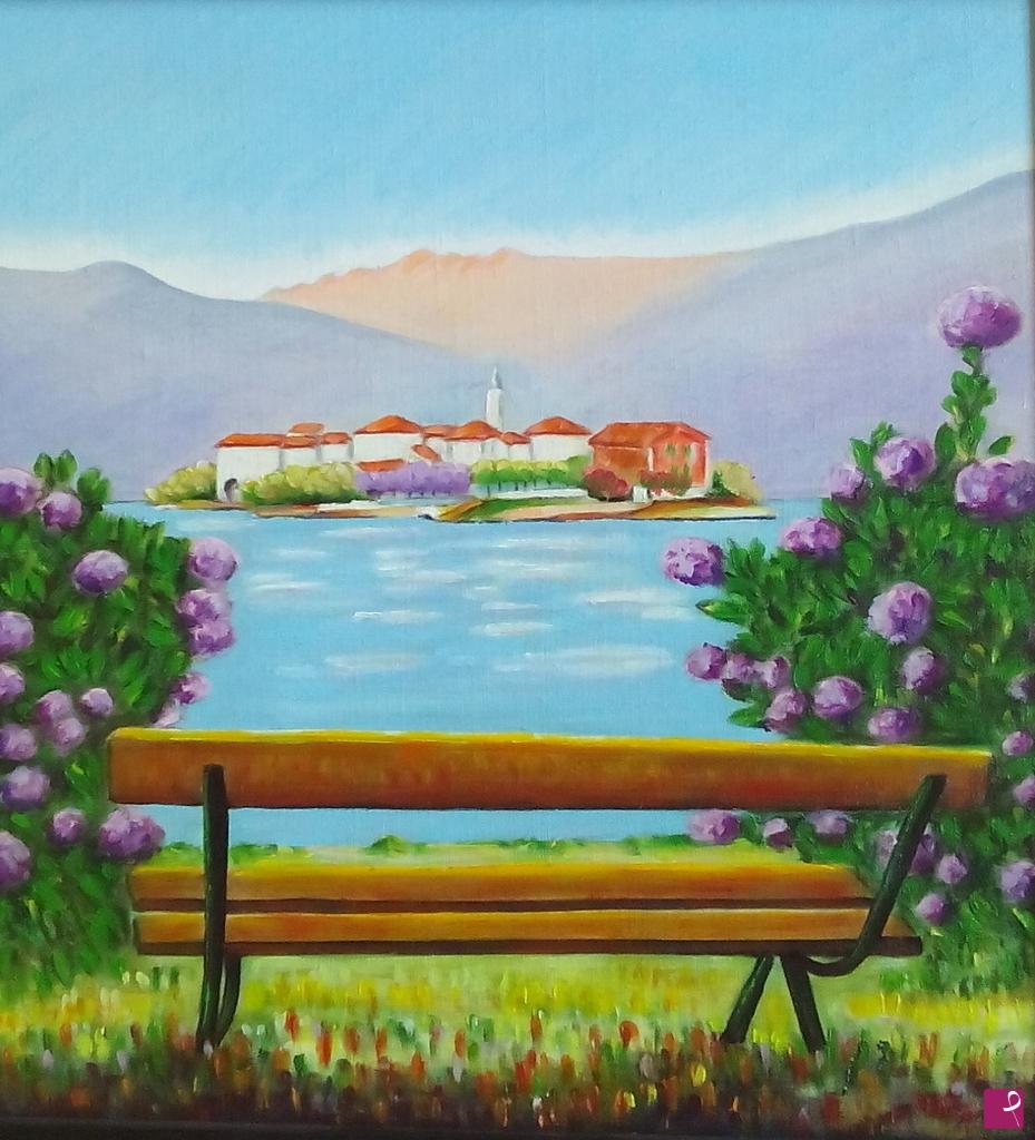 quadri in vendita online - ISOLA DEI PESCATORI CON PANCHINA LEGNO - STRESA (2016)