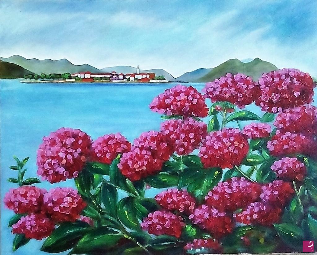 quadri in vendita online -  ISOLA DEI PESCATORI  ORTENSIE ROSSE - STRESA (2013)