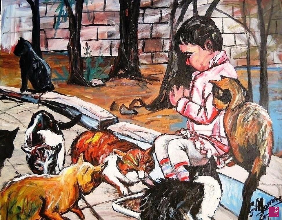 quadri in vendita online - "La bambina e i gatti"