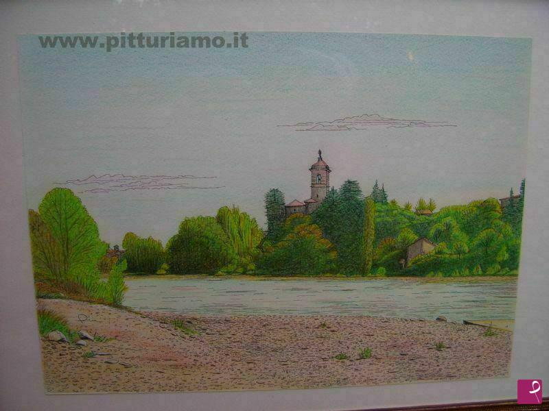 quadri in vendita online - La chiesa di Almenno San Salvatore vista dal fiume Brembo