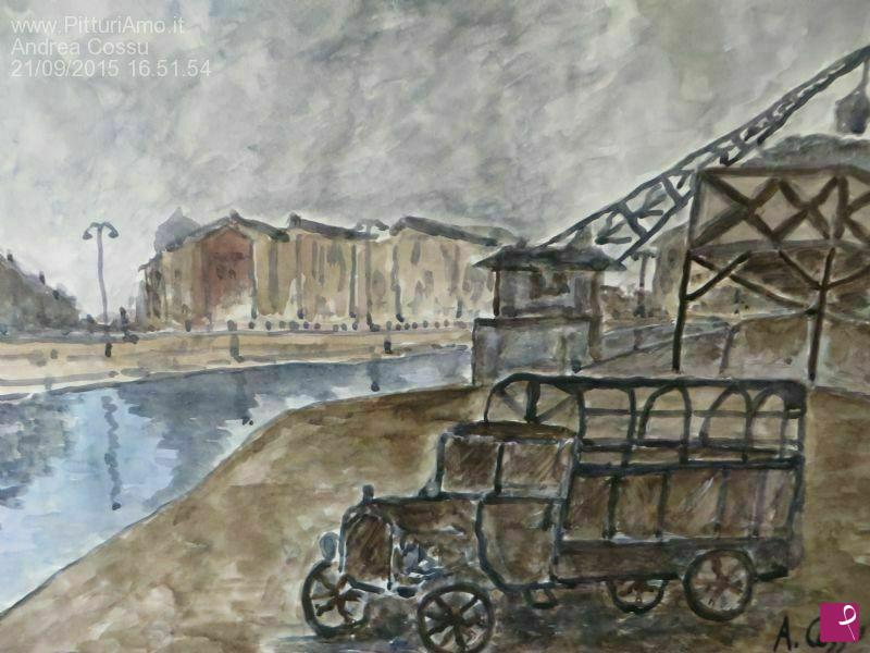 quadri in vendita online - La darsena dei Navigli di Milano con un vecchio camion FIAT