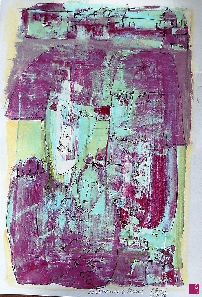quadri in vendita online - La Domenica a Messa   33x48 cm tecnica mista su carta