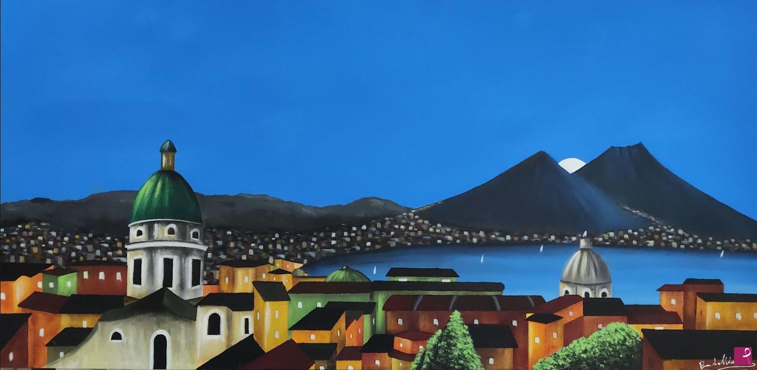 quadri in vendita online - La luna bacia il Vesuvio e illumina il golfo di Napoli