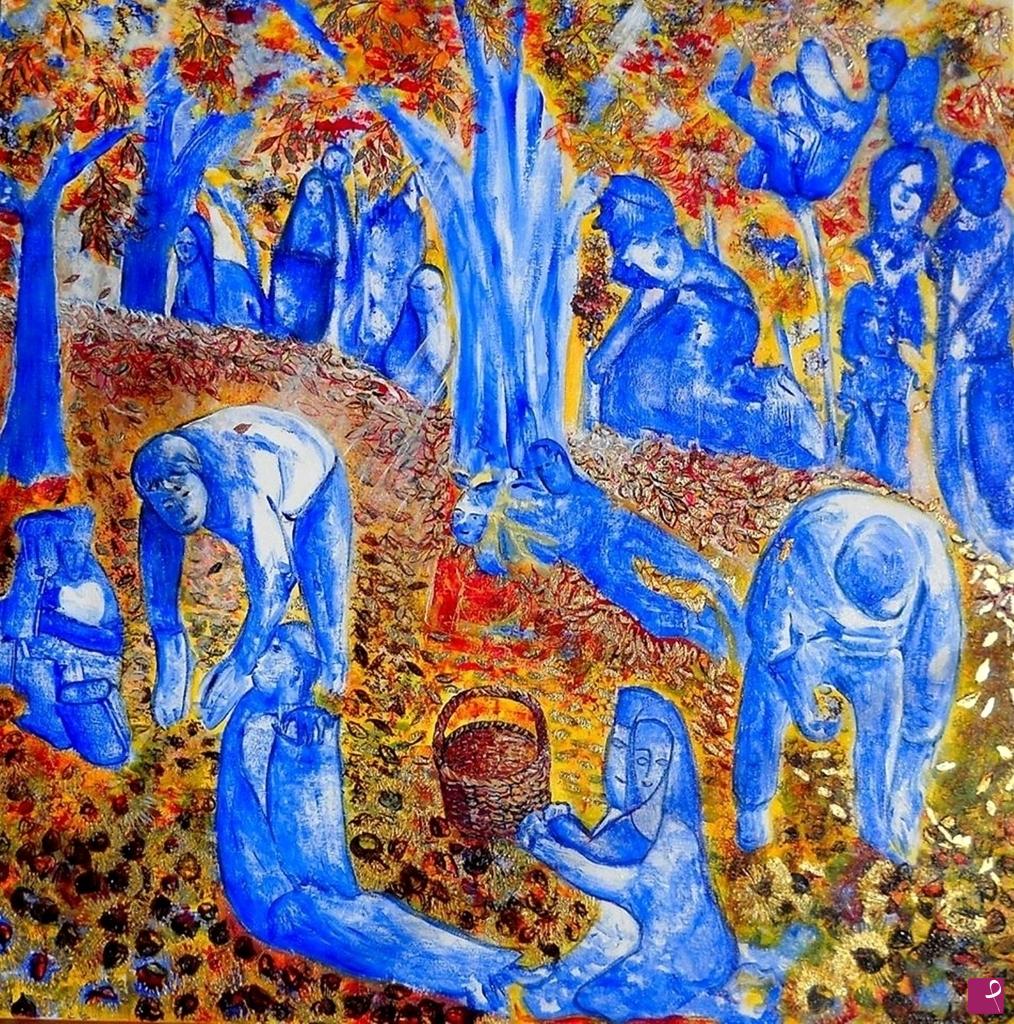 quadri in vendita online - "La raccolta delle castagne"80x80x4 cm