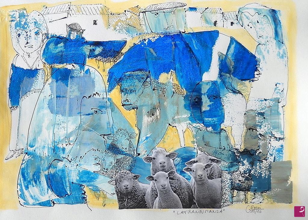 quadri in vendita online - LA TRANSUMANZA 48x33 cm collage,acrilico,resine,china su carta