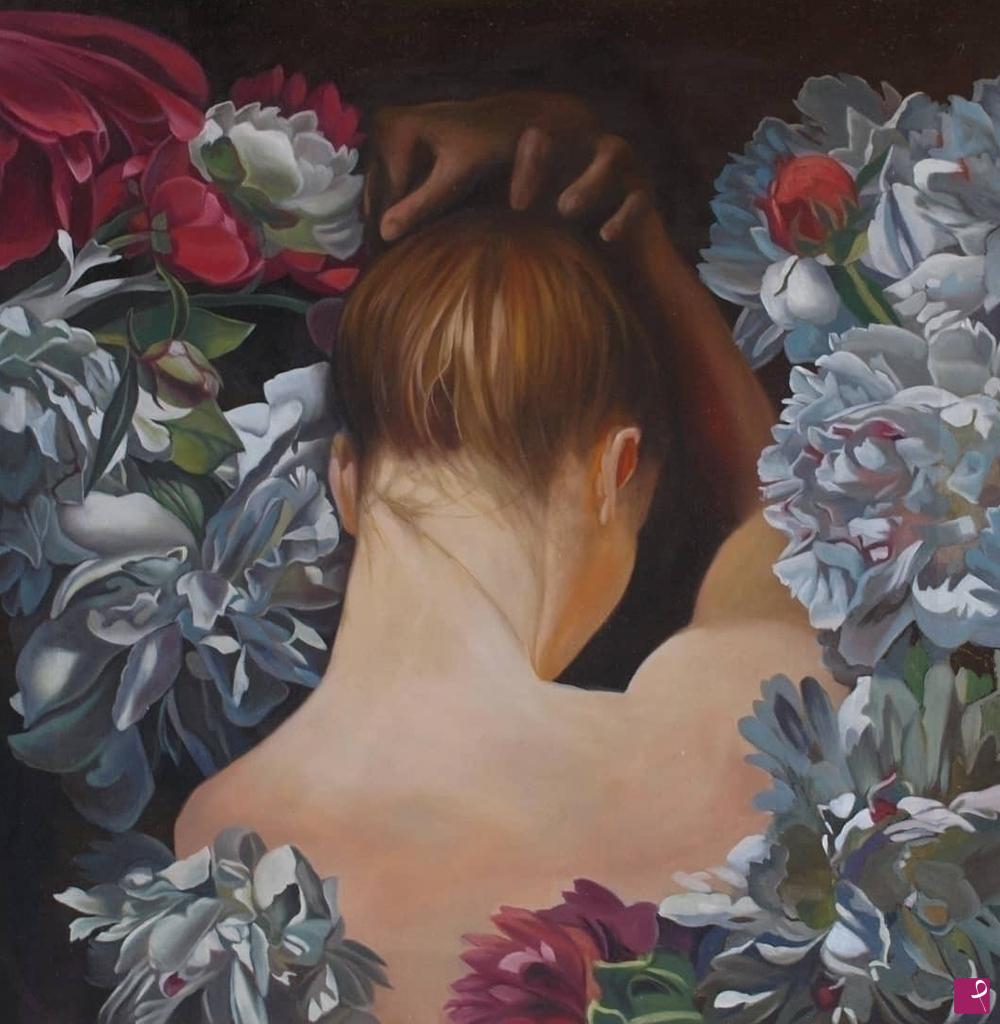 quadri in vendita online - Lady among peonies