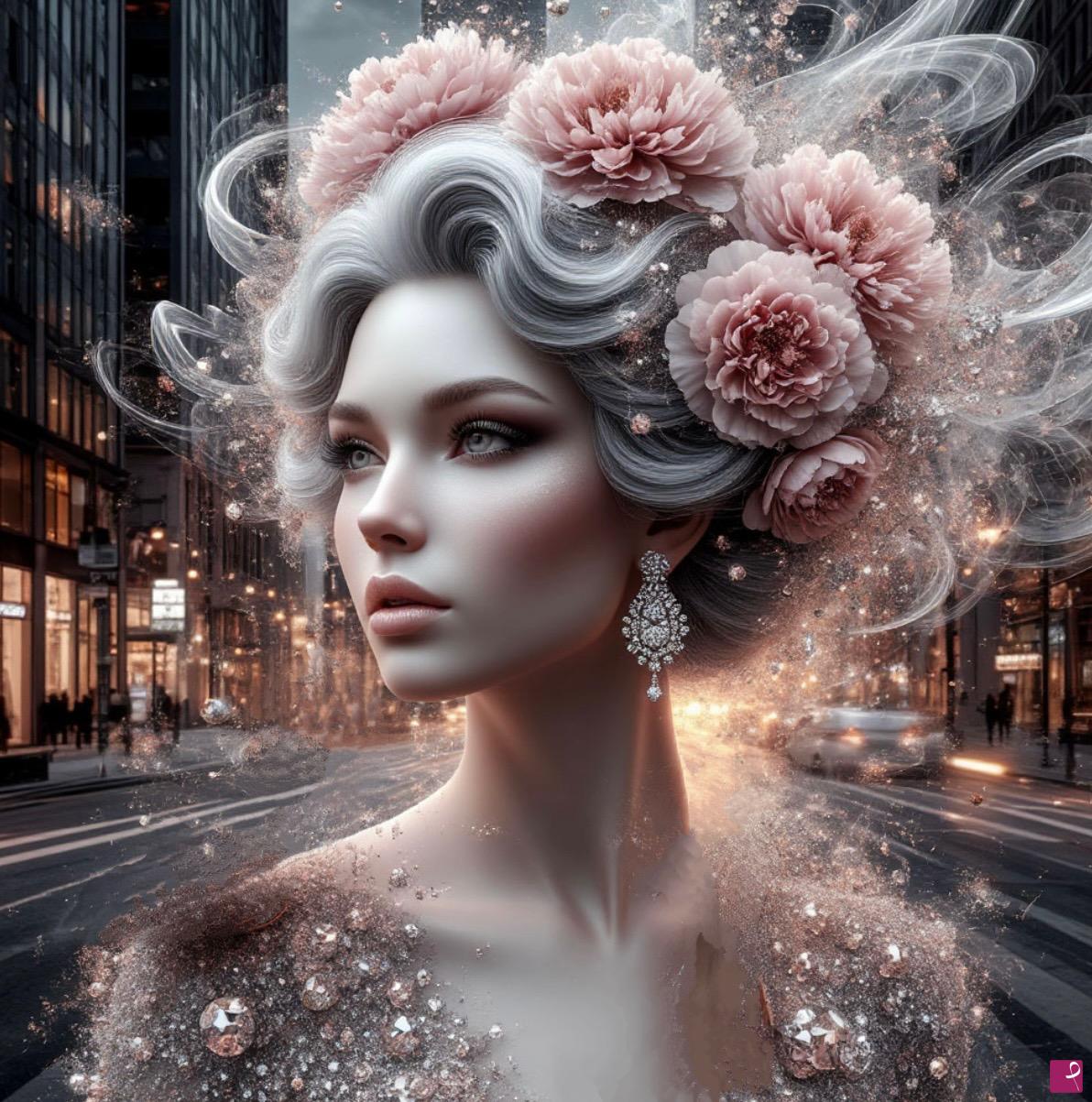 quadri in vendita online - Lady in city on street 