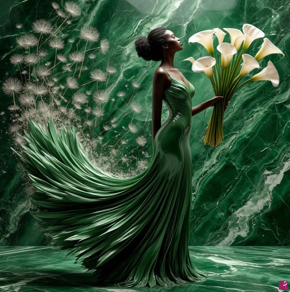 quadri in vendita online - Lady in green dress and flowers 