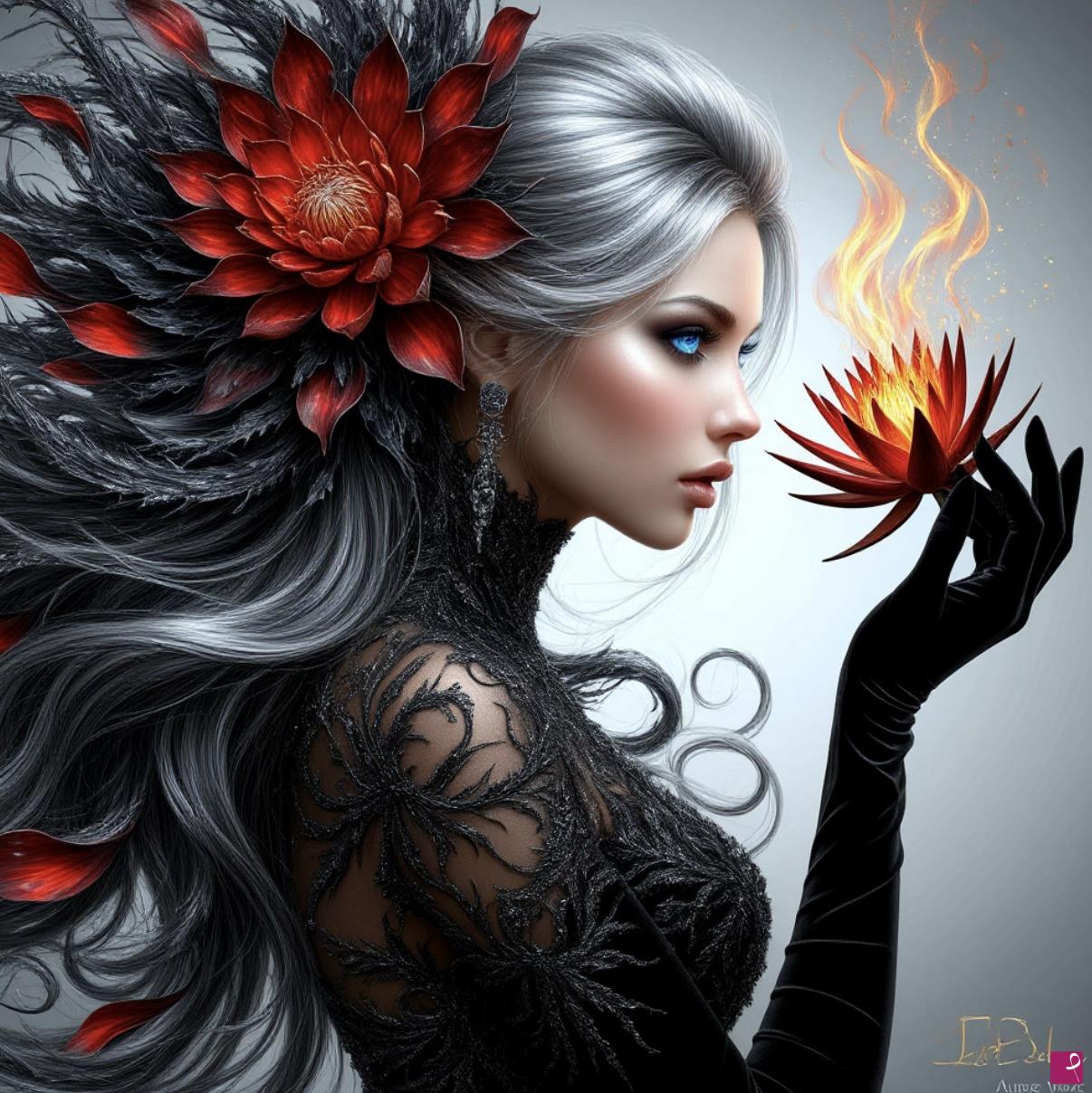 quadri in vendita online - Lady with a red rose in her hair