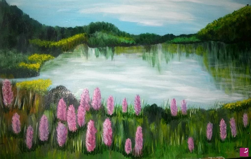 quadri in vendita online - LAGO CON FIORITURE