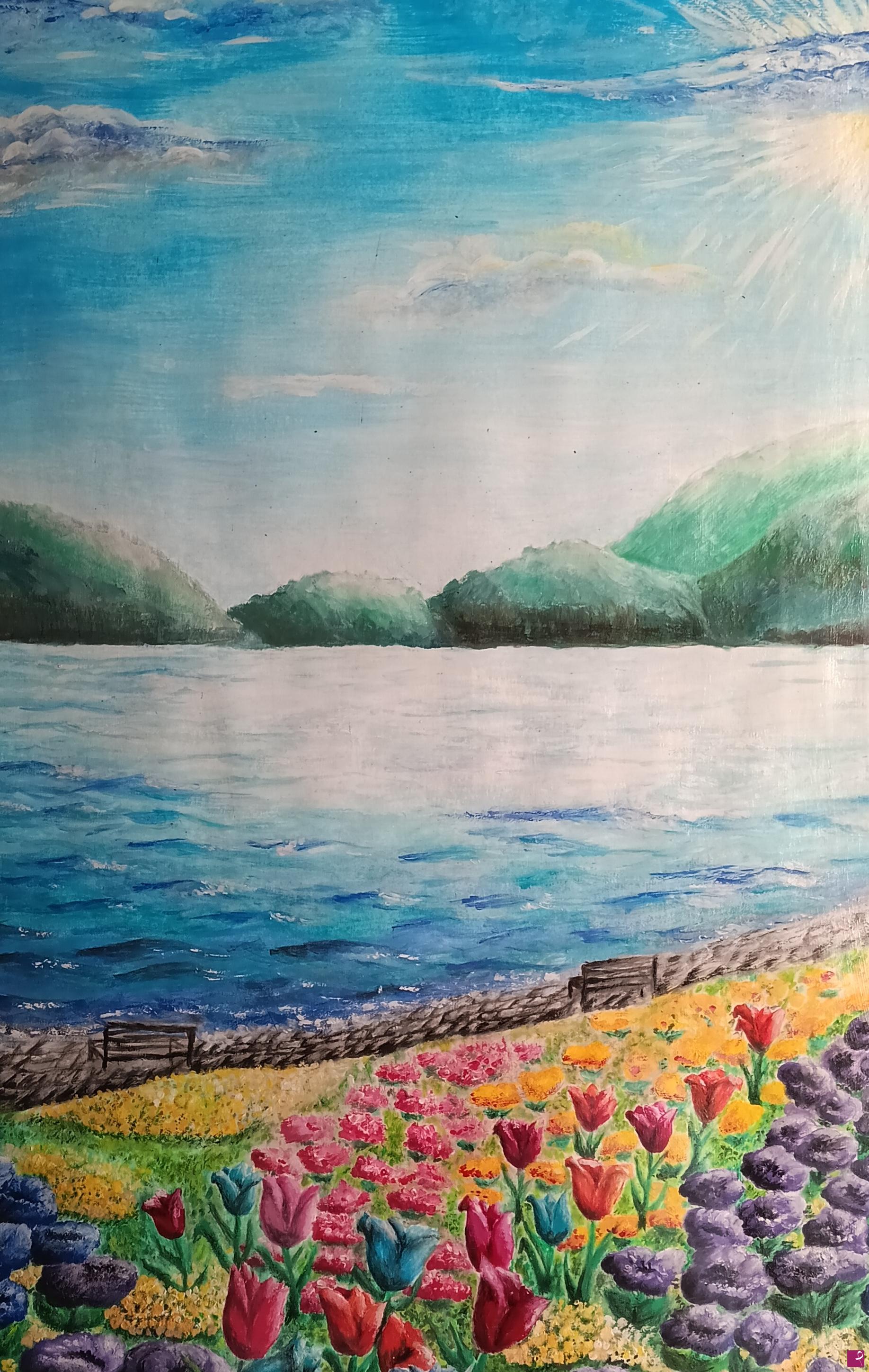 quadri in vendita online - Lago di Garda in primavera con tulipani 