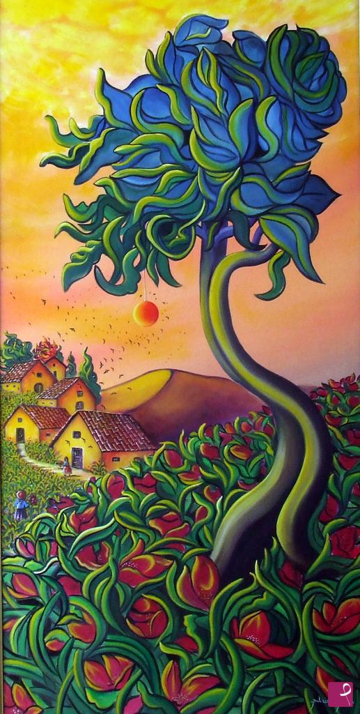 quadri in vendita online - L'albero azzurro dal frutto rosso