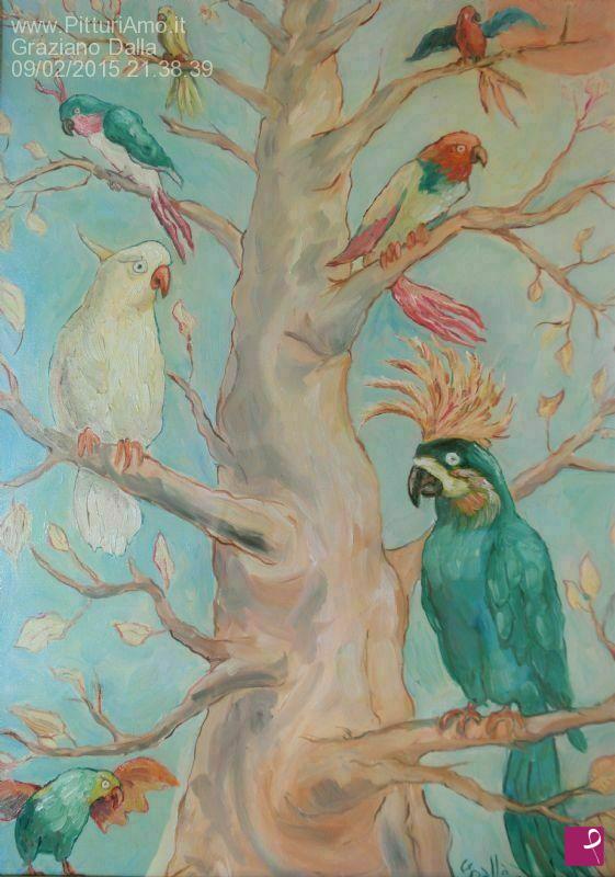 quadri in vendita online - l'albero dei pappagalli